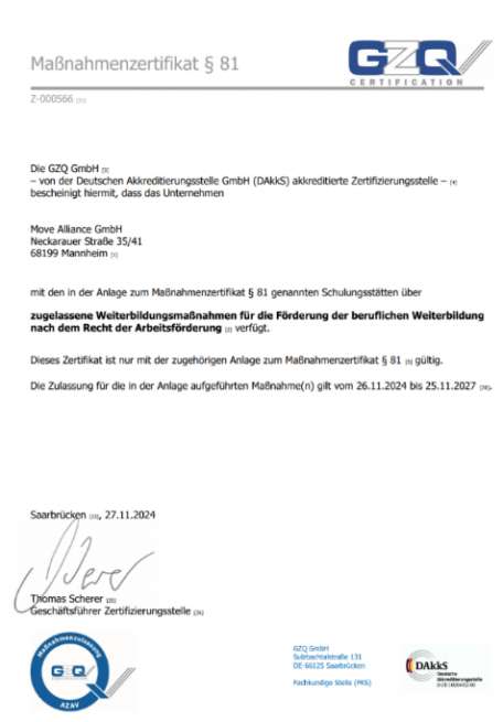 Maßnahmezertifikat der Turbo-Ausbildung 